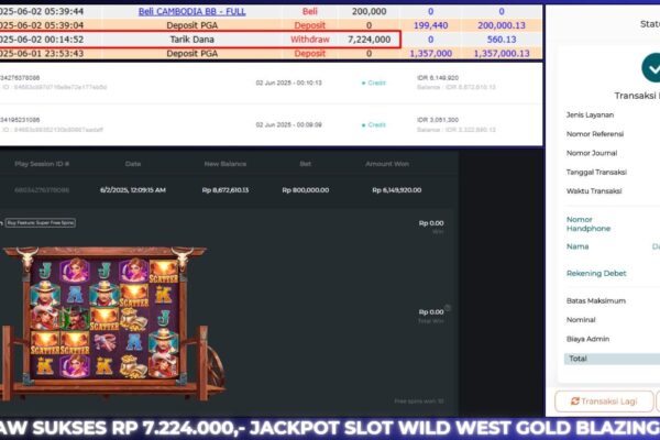 BUKTI JAKCPOT SLOT BERASTOGEL : WILD WEST GOLD BLAZING BOUNTY RP. 7.224.000 BUKTI JACKPOT BERASTOGEL SLOT