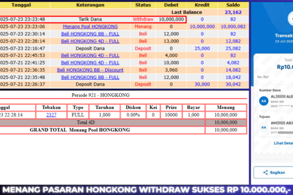PEMBAYARAN TOGEL JACKPOT BERASTOGEL : HONGKONG LOTTO RP. 10.000.000 BUKTI JACKPOT BERASTOGEL TOGEL