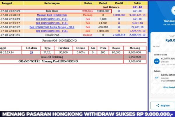 PEMBAYARAN TOGEL JACKPOT BERASTOGEL : HONGKONG LOTTO RP. 9.000.000 BUKTI JACKPOT BERASTOGEL TOGEL