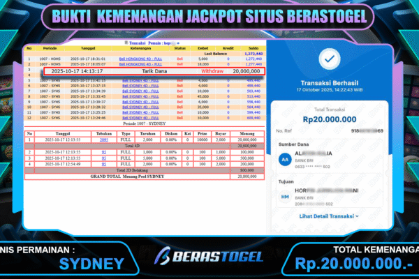 GACOR TOGEL JACKPOT BERASTOGEL : SYDNEY LOTTO RP. 20.000.000 BUKTI JACKPOT BERASTOGEL TOGEL