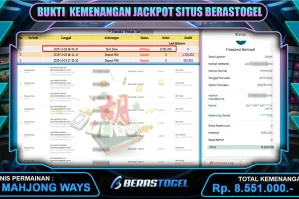 BUKTI GACOR BERASTOGEL CUAN : MAHJONG WAYS  RP. 8.551.000 BUKTI JACKPOT BERASTOGEL SLOT