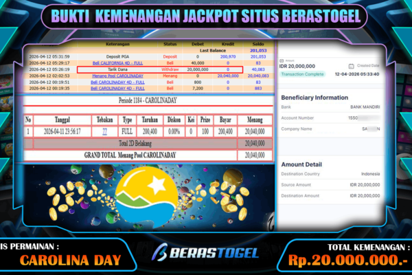 TOGEL CAROLINADAY JACKPOT BERASTOGEL