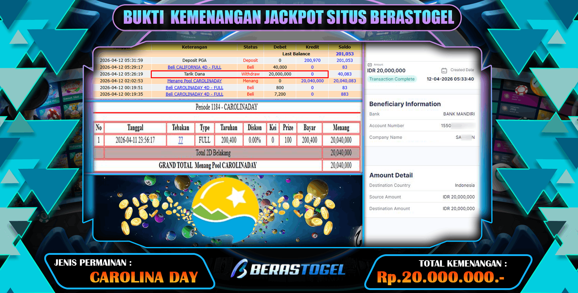 TOGEL CAROLINADAY JACKPOT BERASTOGEL